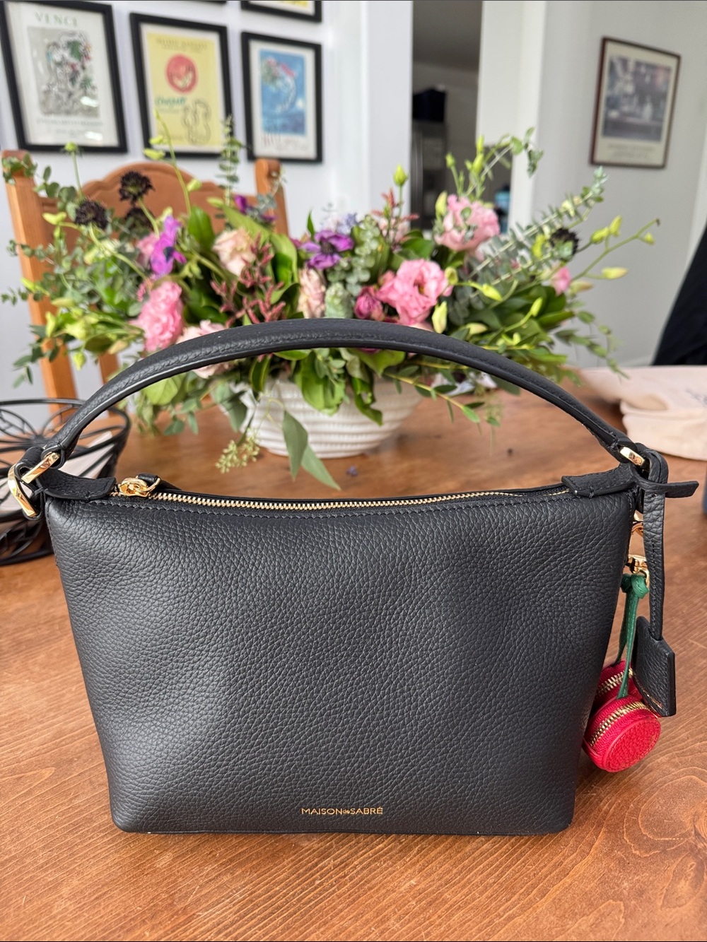 Maison Sabre Black Pebbled Leather Shoulder Bag with Top Handle